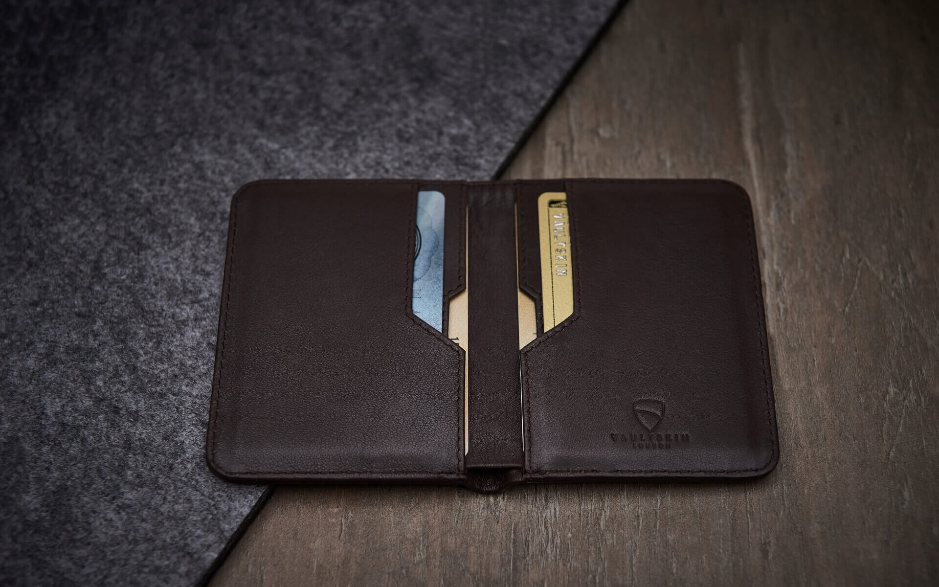 Functionality meets style in the Vaultskin CITY brown wallet, illustrating its RFID-blocking capability and smart, compact design