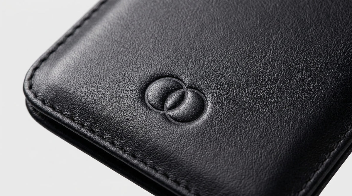 Company logo blind-embossed on the leather of a Vaultskin wallet (placeholder image)