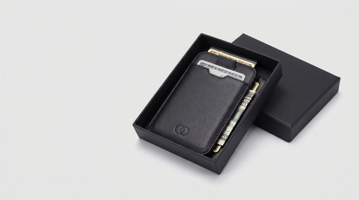 Co-branded Vaultskin card wallet with a sample company logo in its gift box (placeholder image)