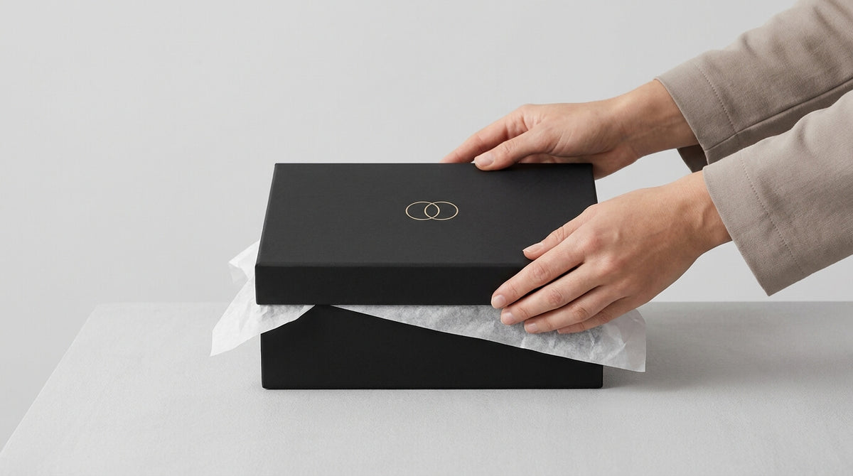Hands closing a branded Vaultskin gift box with tissue paper (placeholder image)