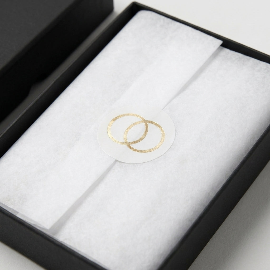 Custom corporate gift sticker on white paper in black gift box