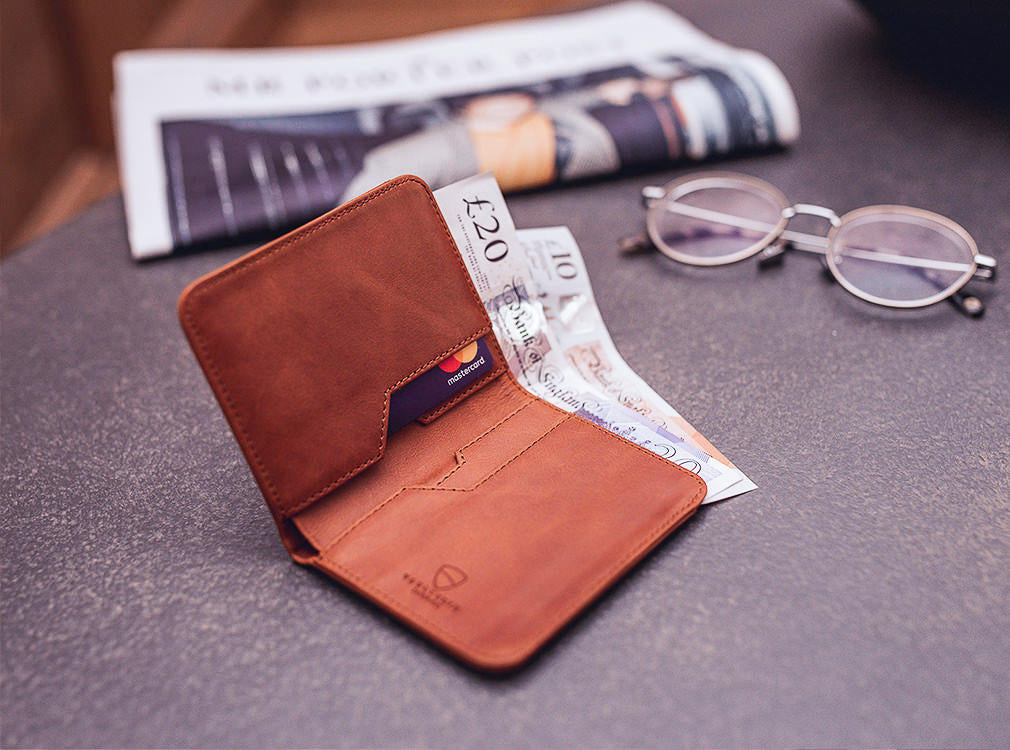 Vaultskin CITY, Slim Minimalist Wallet for Cards and Cash, Invisible Card Holder in Cognac