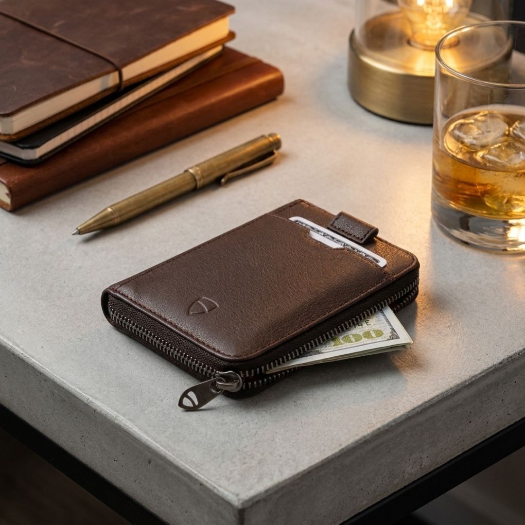 Vaultskin dark brown leather zip wallet with cash on a desk beside a pen and a glass of whisky
