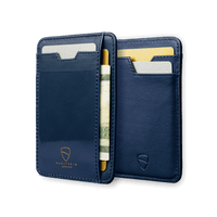 Vaultskin Brixton royal blue compact ID window wallet side view on white background