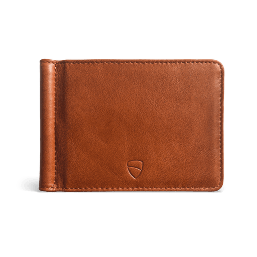 Vaultskin BROMPTON wallet cognac – front view of luxury RFID leather card holder