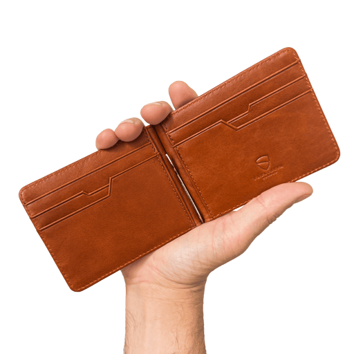 Vaultskin BROMPTON cognac wallet open – premium leather interior with RFID protection