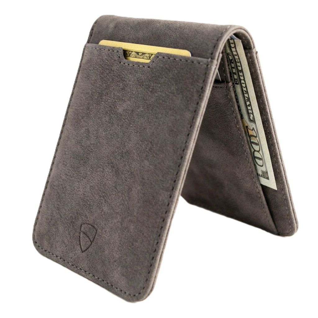 Vaultskin Manhattan amber slim leather wallet back view showing exterior quick-access card slot, white background