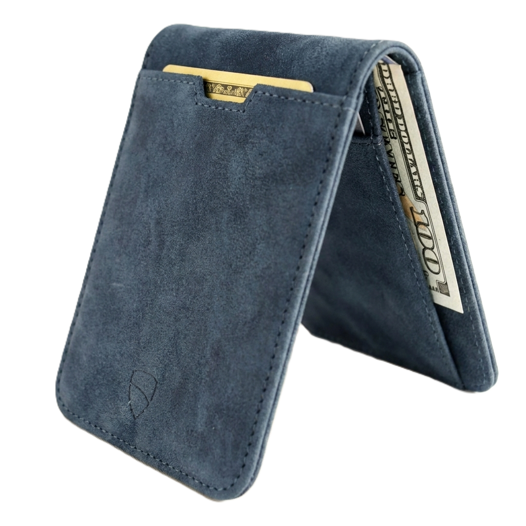 Vaultskin Manhattan amber slim bifold leather wallet open showing card slots and cash, white background
