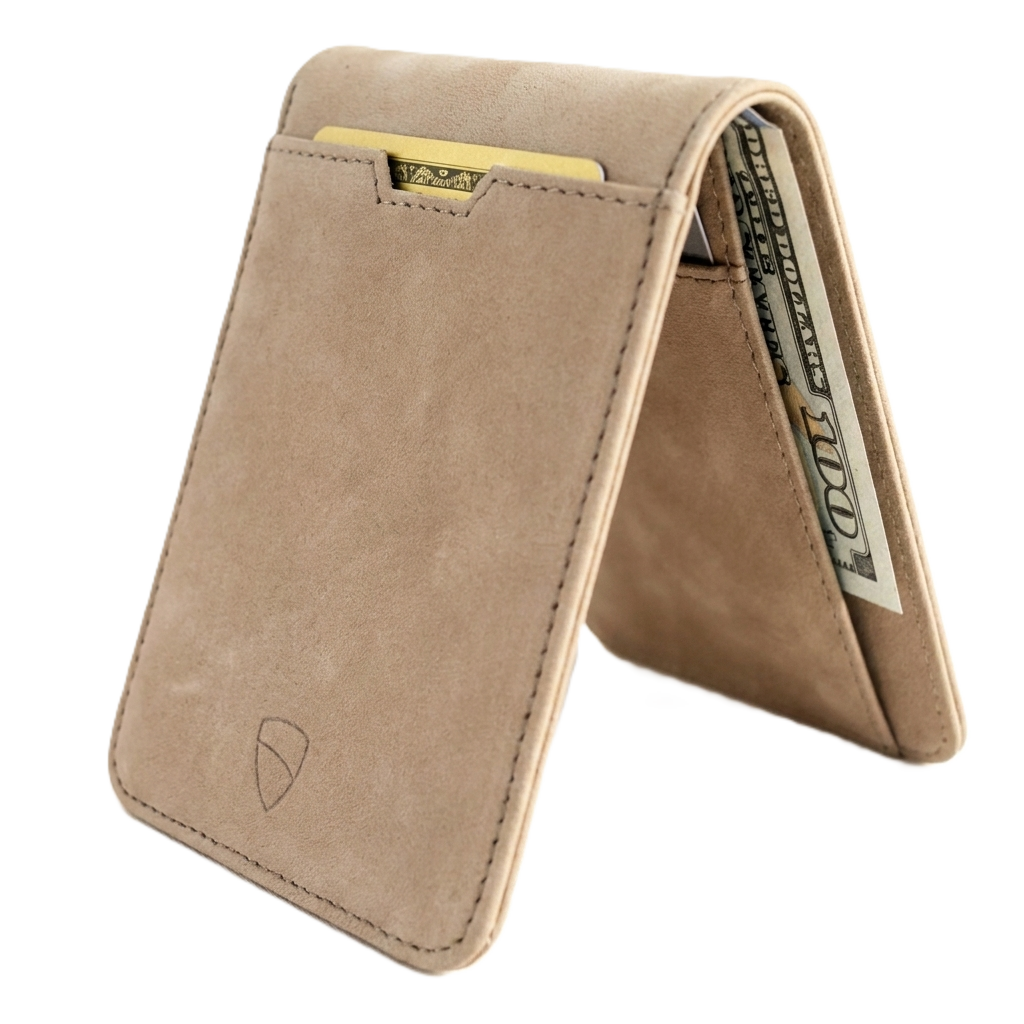 Vaultskin Manhattan RFID-blocking leather bifold wallet angled open view with cards and cash, white background