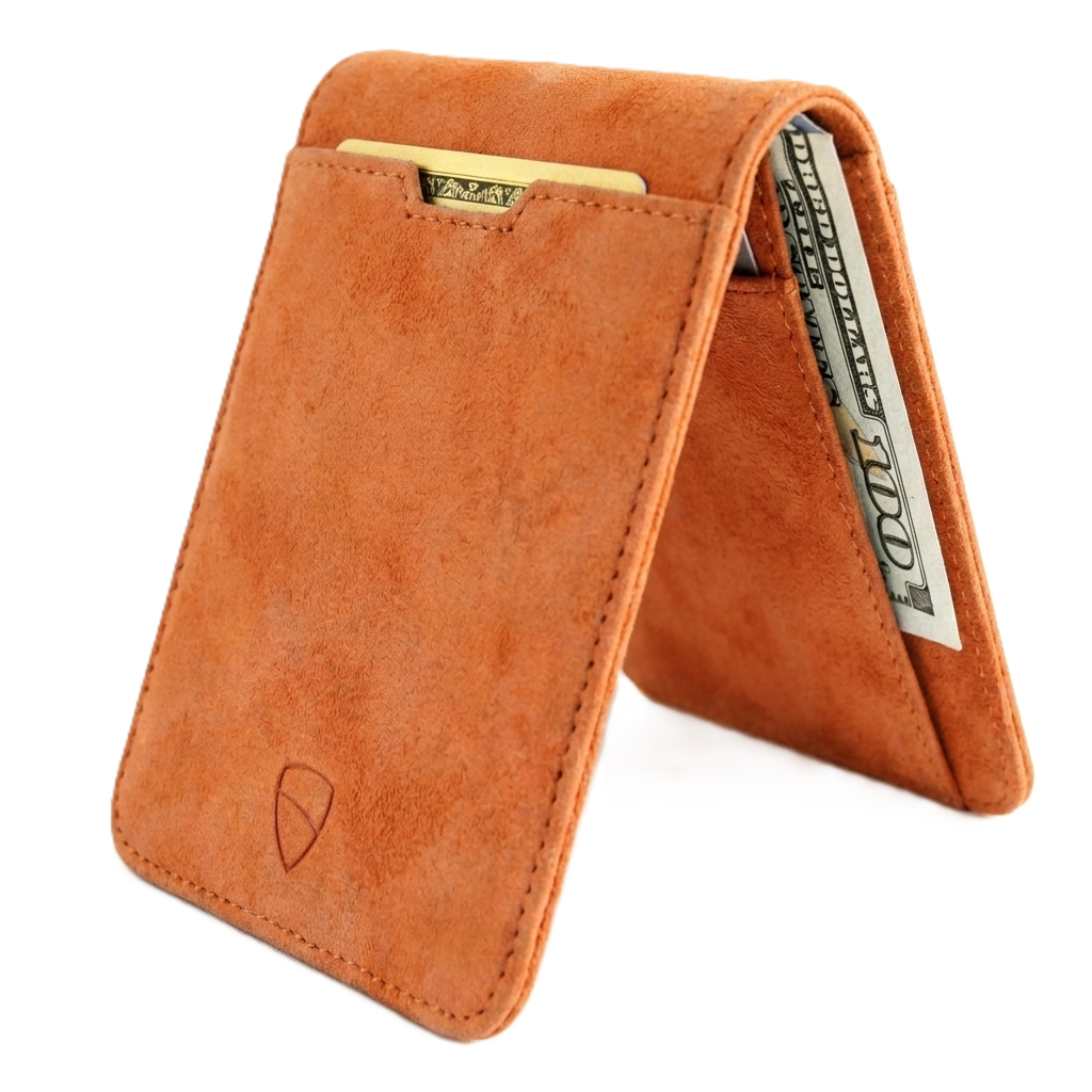 Vaultskin Manhattan amber RFID-blocking leather bifold wallet standing angled view with cash, white background