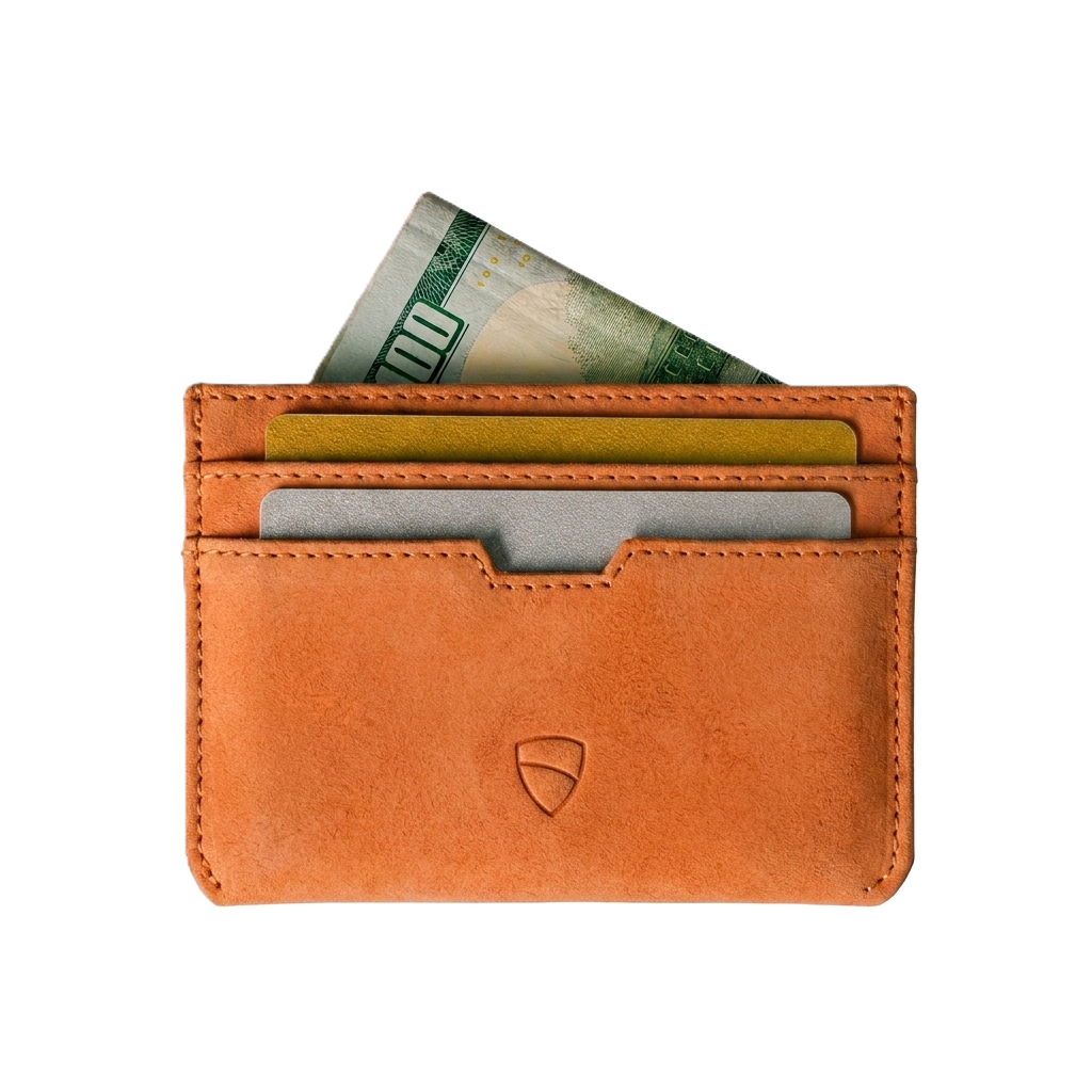 Vaultskin Moorgate amber minimalist leather wallet front view with Vaultskin shield logo and cash, white background