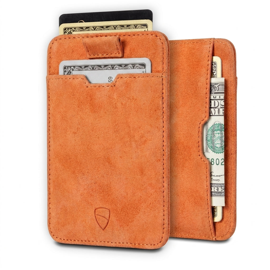 Vaultskin Moorgate amber slim RFID-blocking leather card holder front and back view with quick-pull tab, credit cards and cash, white background