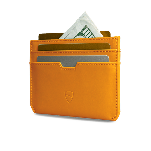 Vaultskin Moorgate golden yellow slim front pocket card holder side view on white background