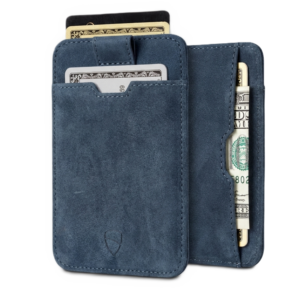 Vaultskin Moorgate midnight navy slim RFID-blocking leather card holder front and back view with cards and cash fanned out, white background