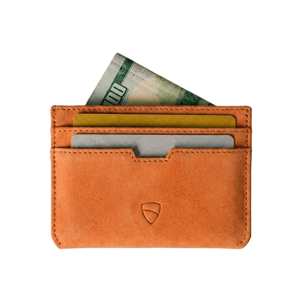 Vaultskin Moorgate minimalist card holder front view with Vaultskin logo, white background