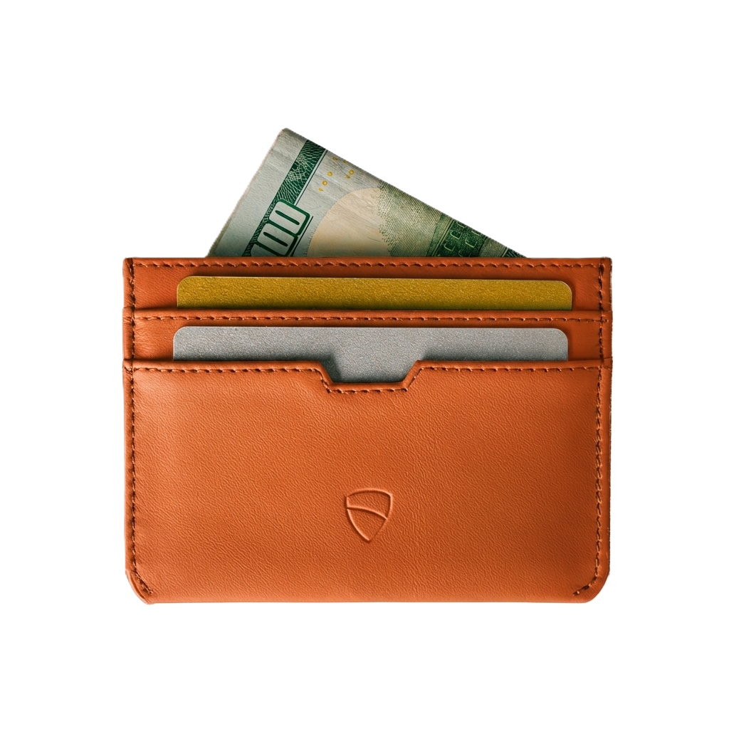 Vaultskin Moorgate orange slim leather card holder front view on white background