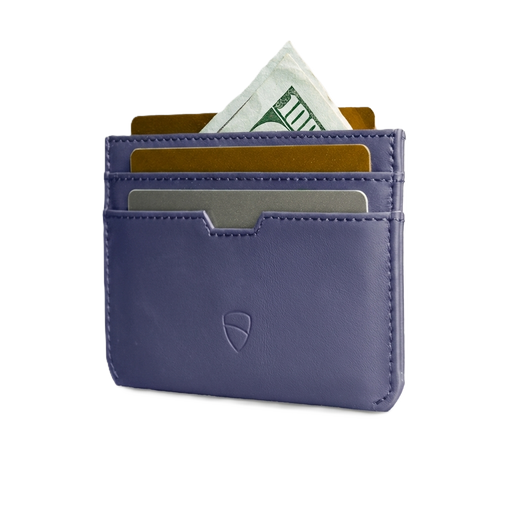 Vaultskin Moorgate purple blue card holder side view, transparent background