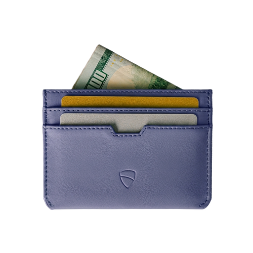 Vaultskin Moorgate purple blue wallet front view with logo, transparent background
