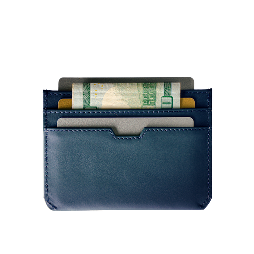 Vaultskin Moorgate royal blue RFID blocking card wallet back view on white background