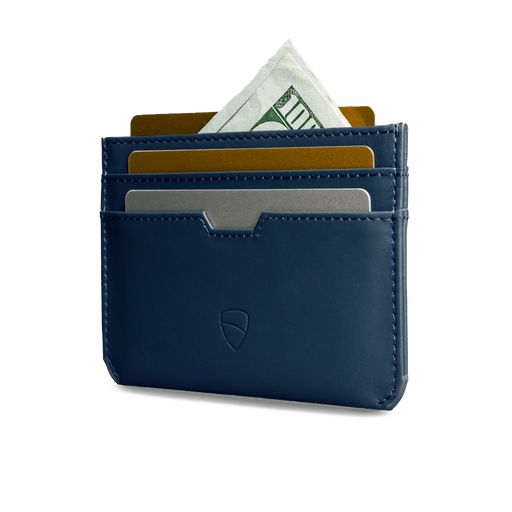 Vaultskin Moorgate royal blue slim credit card holder side view on white background