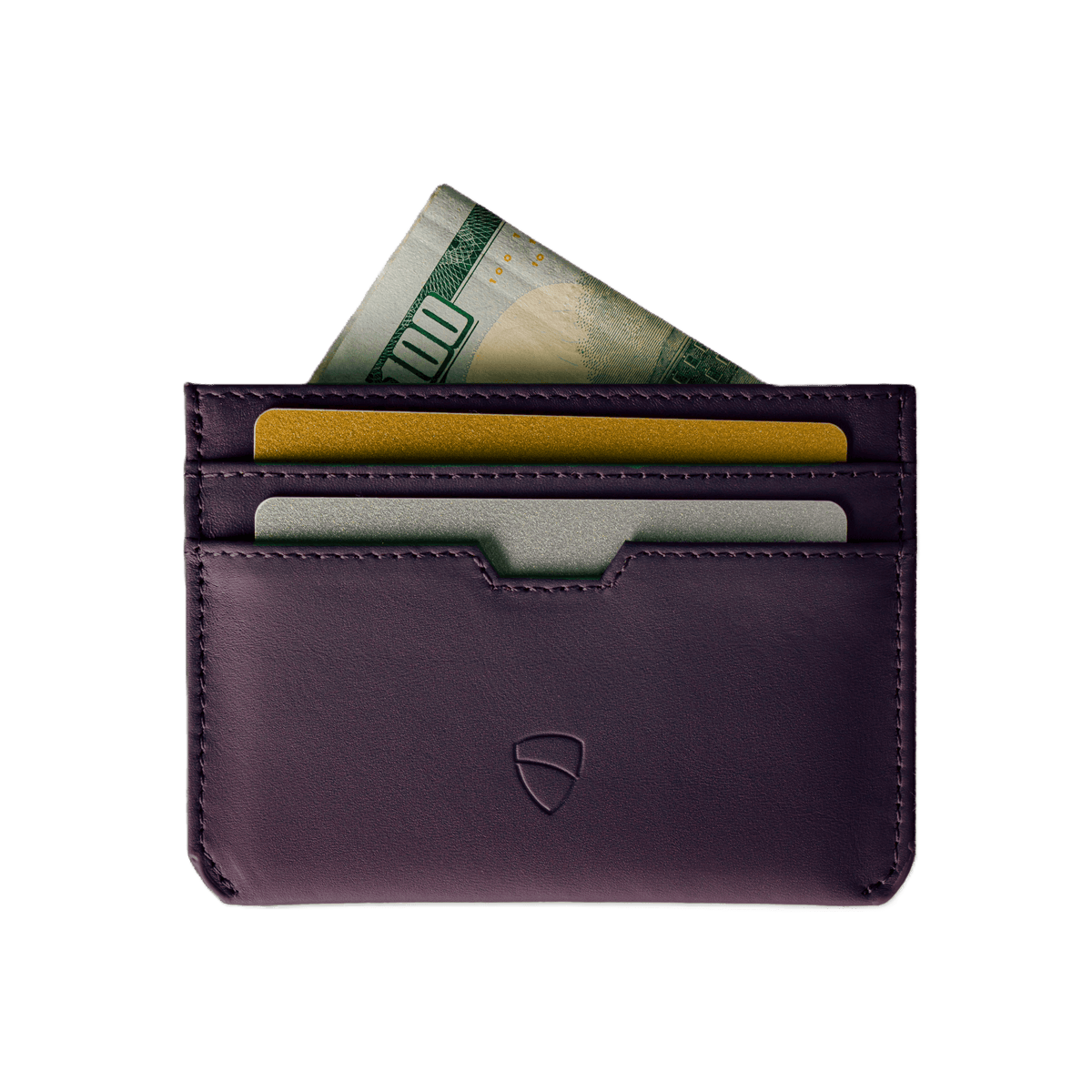Vaultskin Moorgate blackberry slim leather card holder with cards and cash, front view