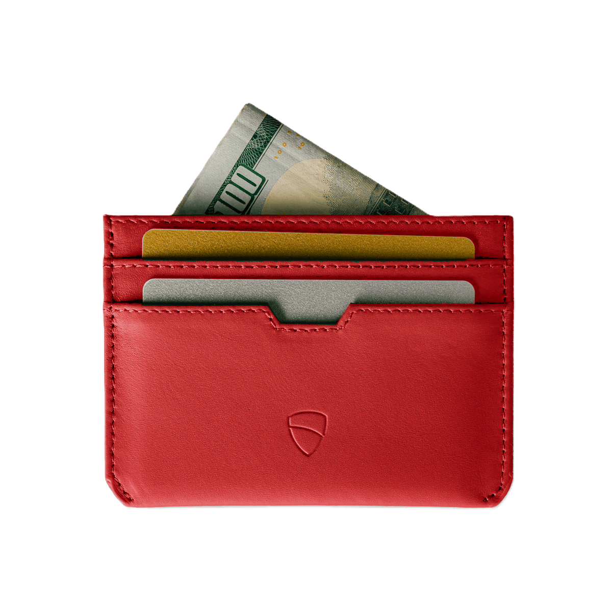 Vaultskin Moorgate crimson red slim leather card holder with cards and cash, front view