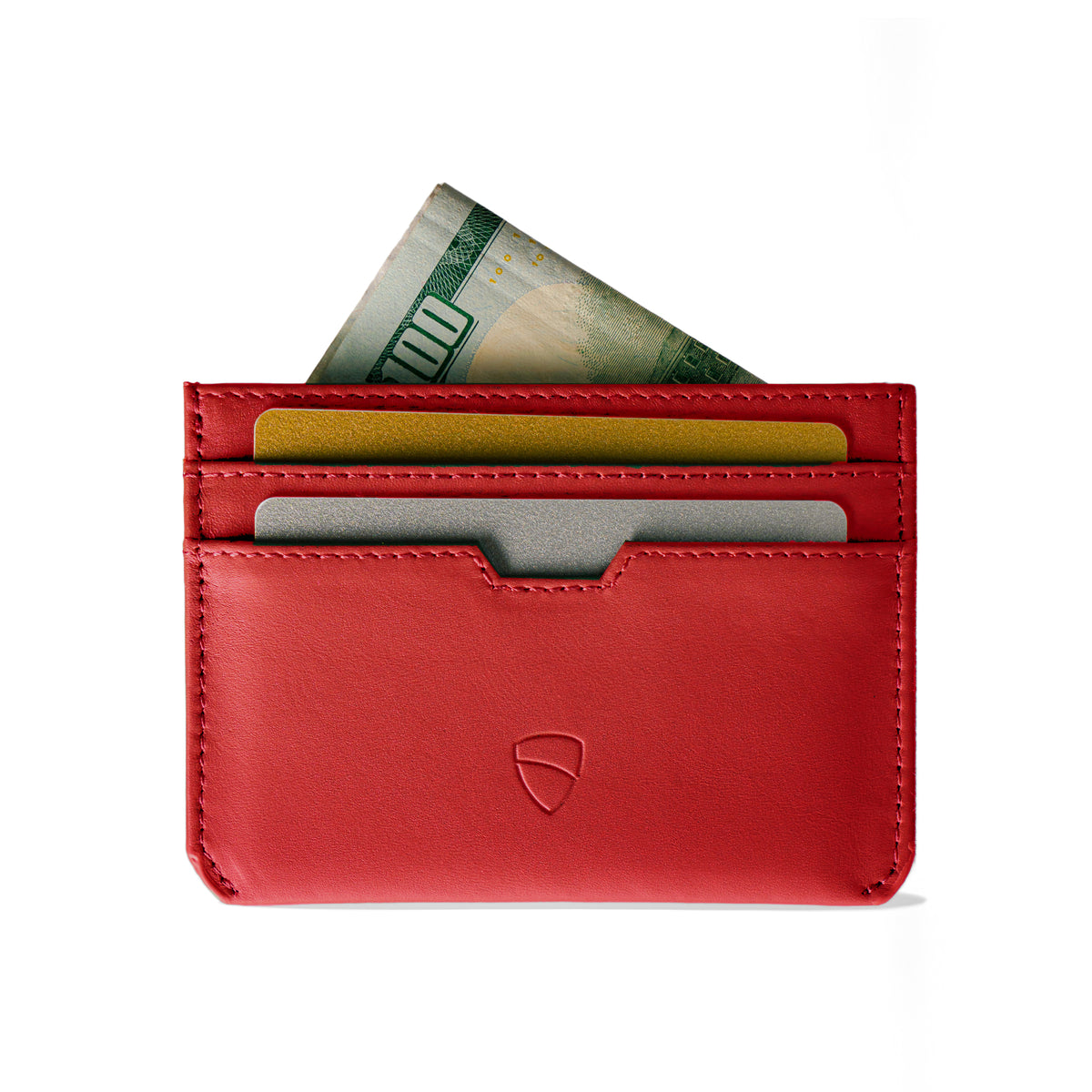 Vaultskin Moorgate crimson red slim RFID-blocking leather card holder front view, white background