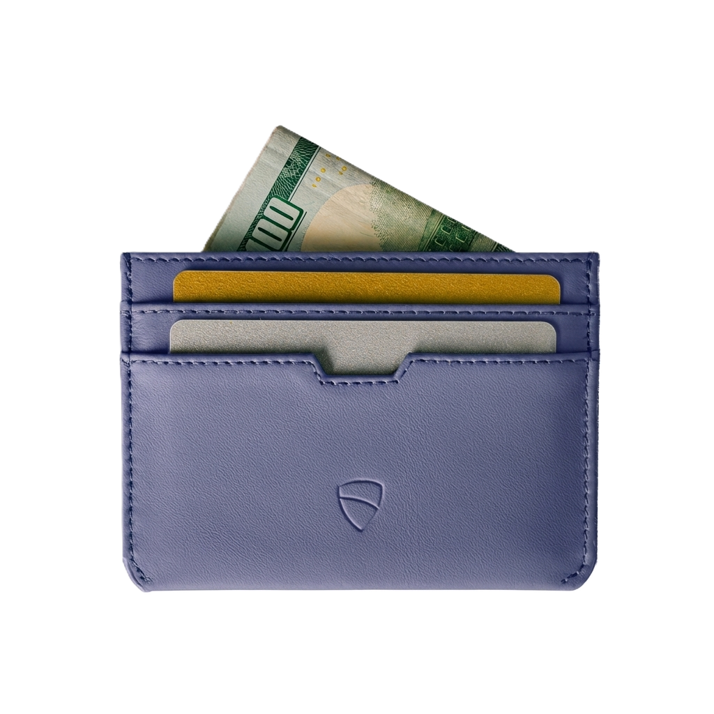Vaultskin Moorgate purple blue slim leather card holder with cards and cash, front view