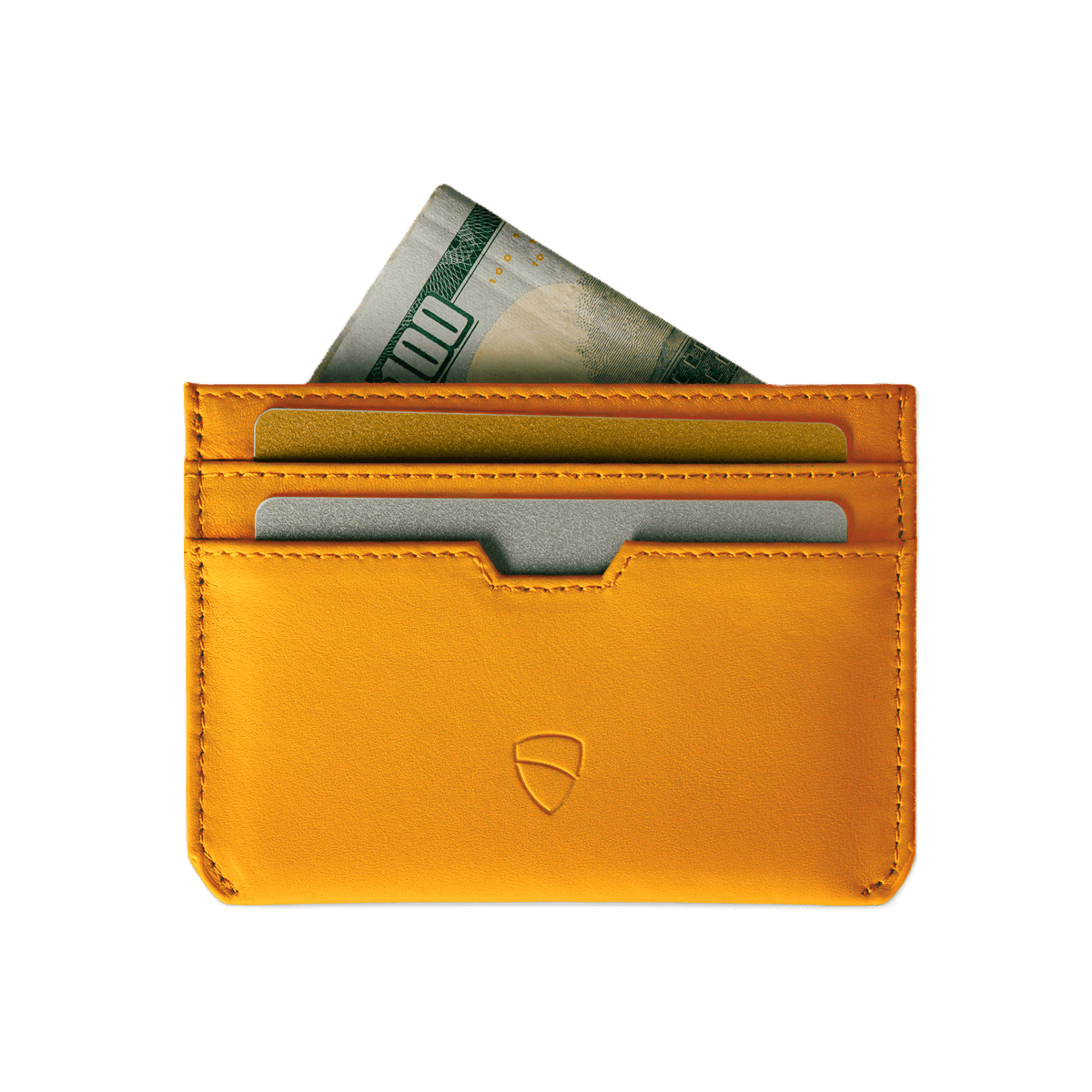 Vaultskin Moorgate yellow slim leather card holder with cards and cash, front view