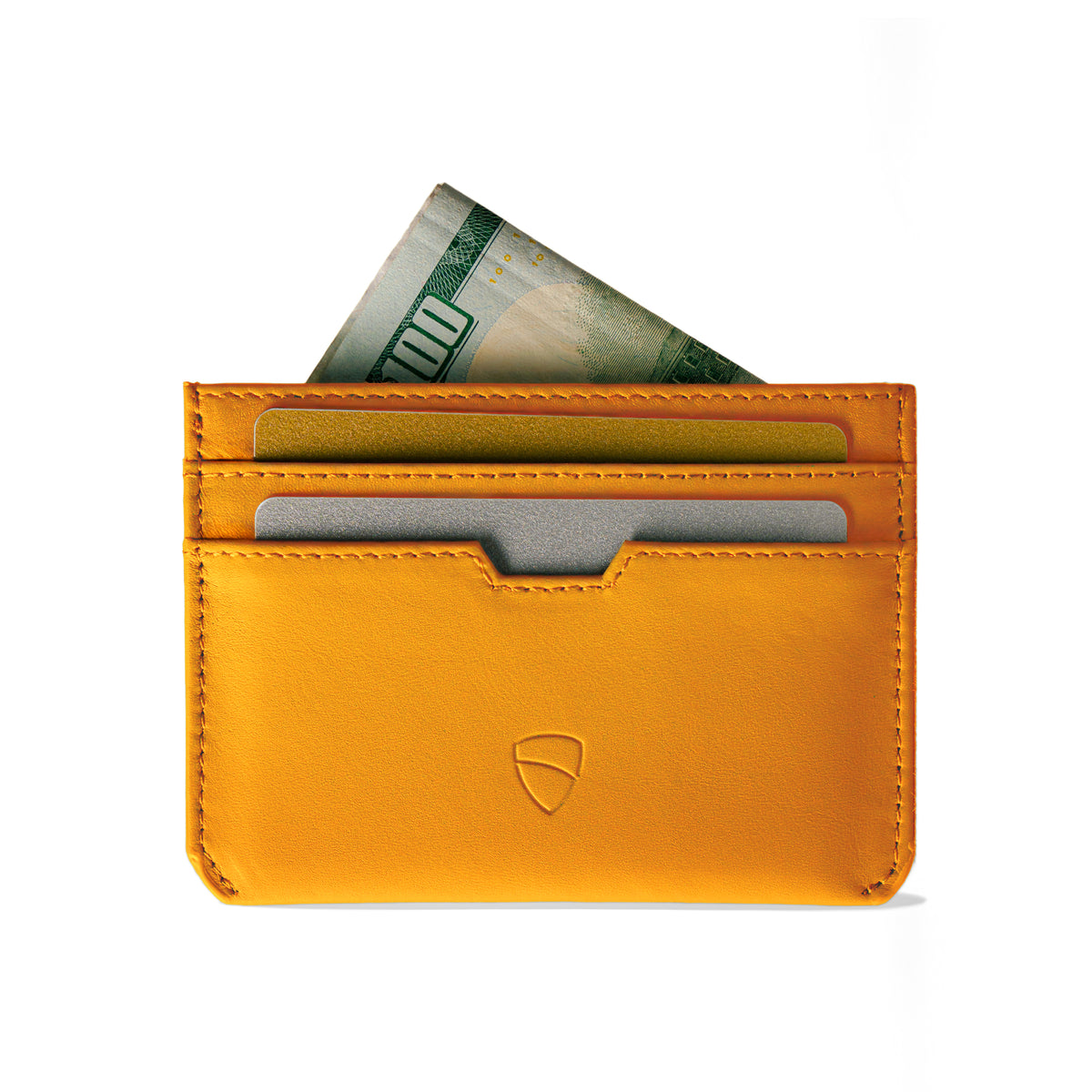 Vaultskin Moorgate yellow slim RFID-blocking leather card holder front view, white background