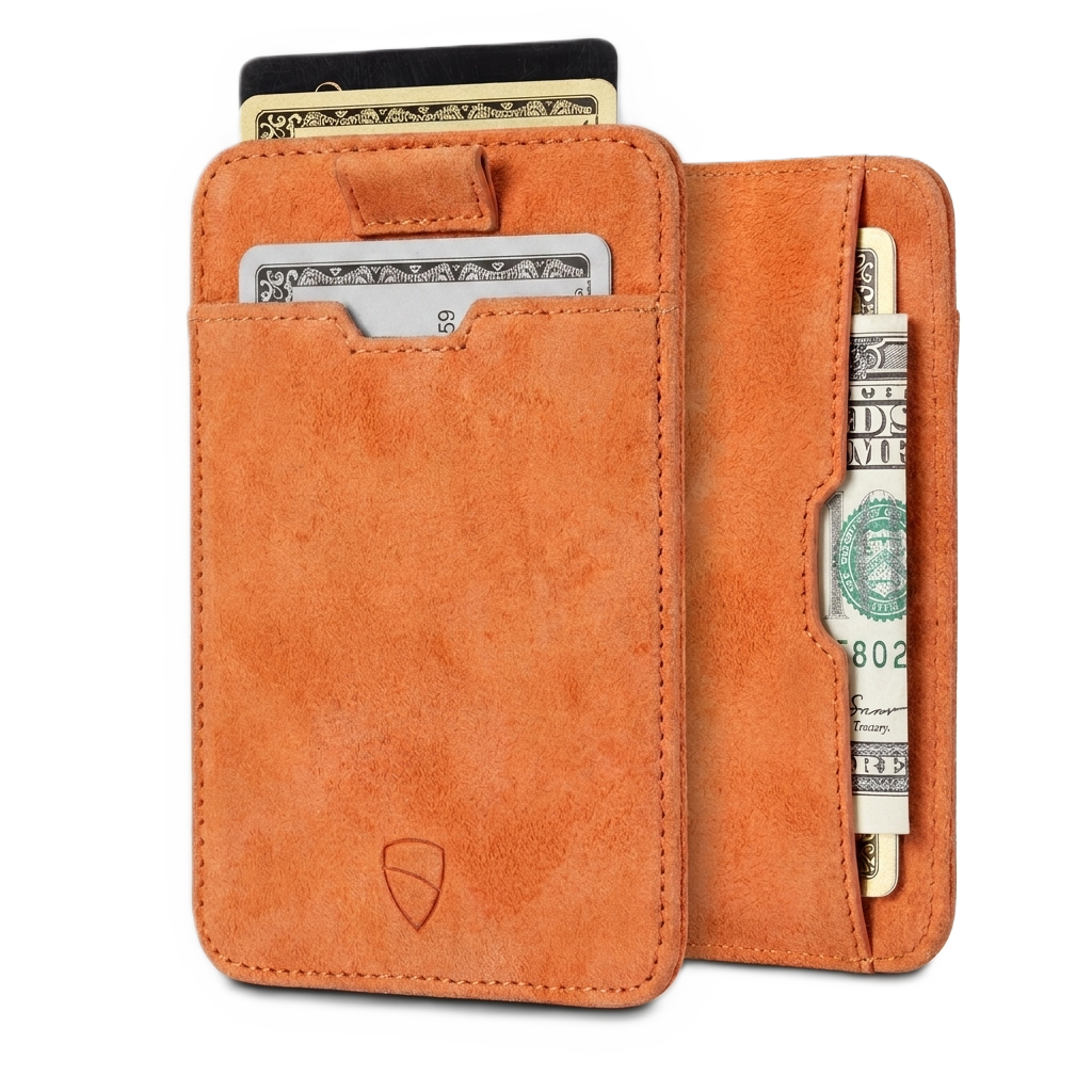 Vaultskin tan nubuck leather card wallet front and back view with cards and cash, white background