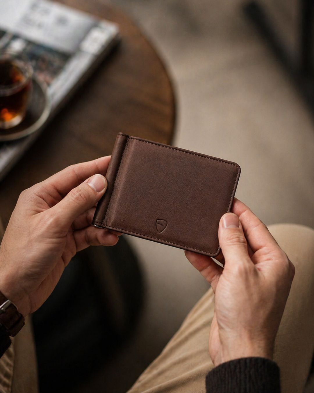 Hands holding a Vaultskin brown leather slim bifold wallet