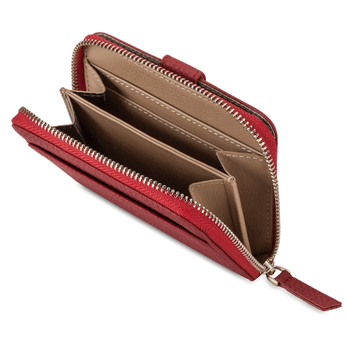 red zip around small leather wallet for women with gold plated pull up strap