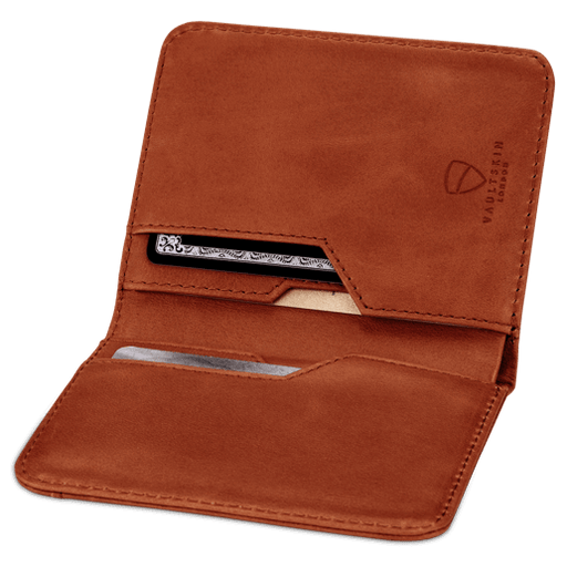 Vaultskin CITY's stylish cognac leather card holder, blending minimalist design with secure RFID blocking technology for the modern user