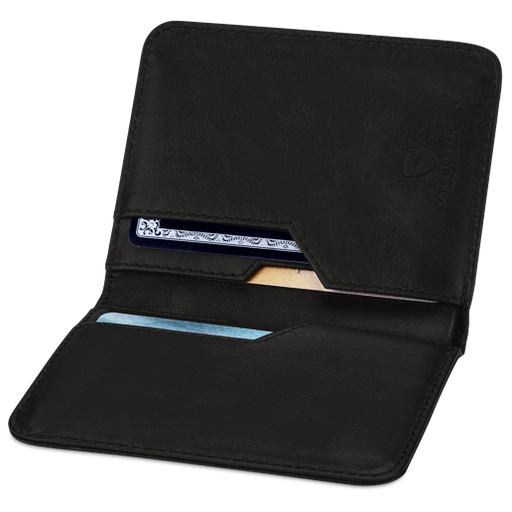 Modern wallet RFID with compact design, Vaultskin CITY black leather card holder, minimalist and slim