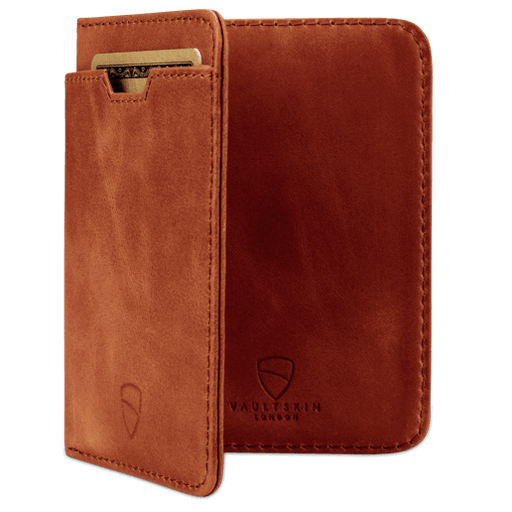 Chic cognac-colored RFID-protected women's wallet by Vaultskin CITY, featuring a slim and elegant design for the fashion-forward minimalist