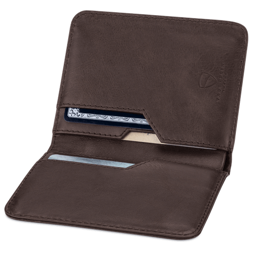 Vaultskin CITY's modern brown leather card holder, embodying a minimalist design with advanced RFID blocking technology