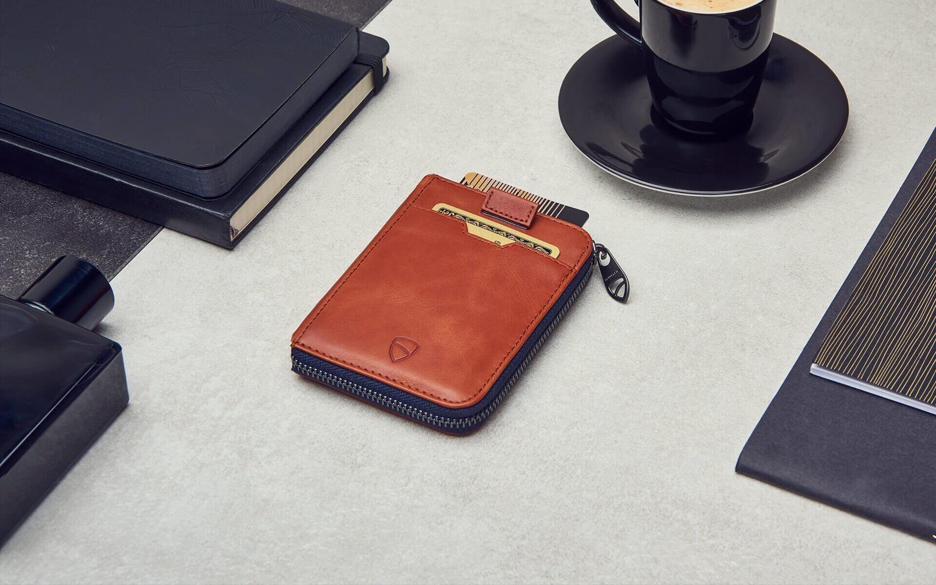 ultra slim leather wallet with zip - Vaultskin NOTTING HILL in Cognac