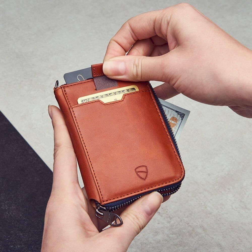 bifold leather wallet with nfc blocking material - Vaultskin NOTTING HILL in Cognac