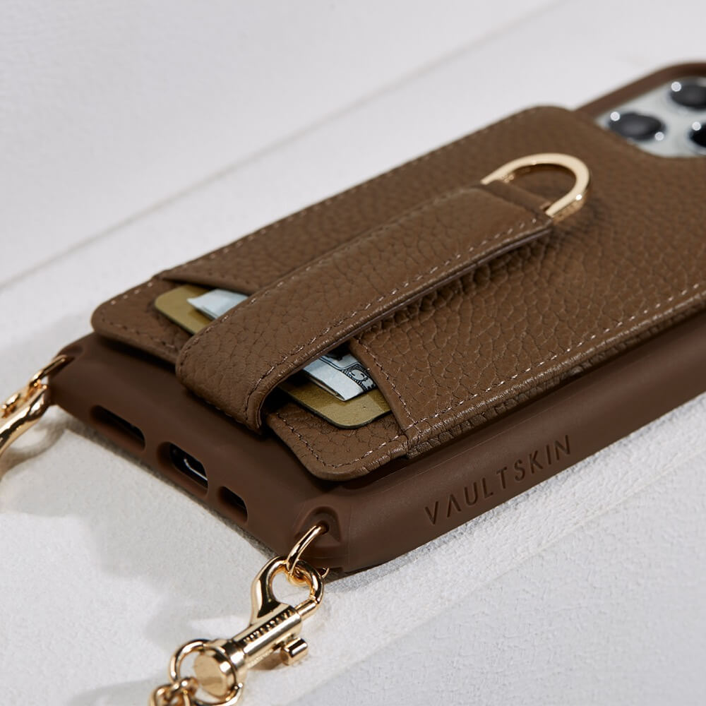 Vaultskin Victoria Elegance, Luxurious Crossbody iPhone 12 Pro Max Wallet Case, British Design, Leather, 9-Card Storage, Chain Strap, Champagne